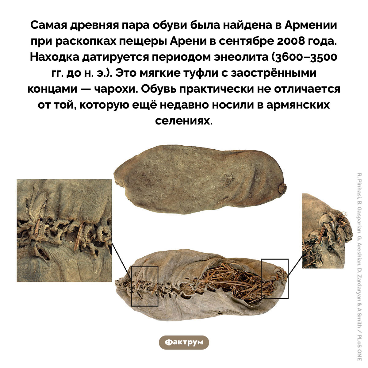 Самые древние туфли. Самая древняя пара обуви была найдена в Армении при раскопках пещеры Арени в сентябре 2008 года. Находка датируется периодом энеолита (3600–3500 гг. до н. э). Это мягкие туфли с заострёнными концами — чарохи. Обувь практически не отличается от той, которую ещё недавно носили в армянских селениях.