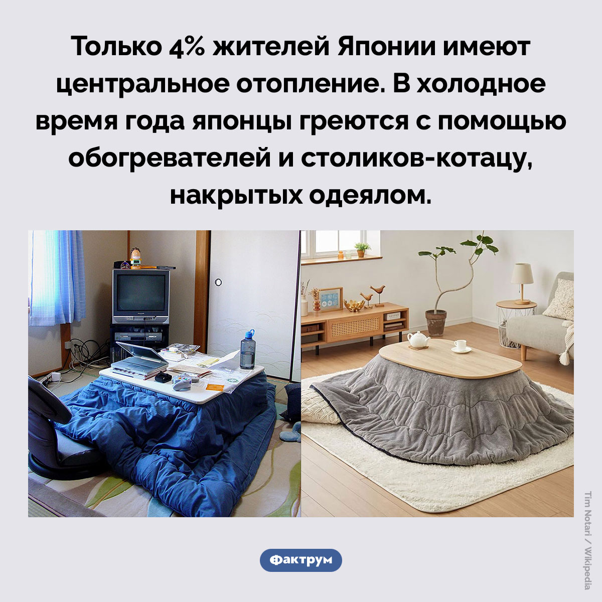 В Японии нет центрального отопления. Только 4% жителей Японии имеют центральное отопление. В холодное время года японцы греются с помощью обогревателей и столиков-котацу, накрытых одеялом.