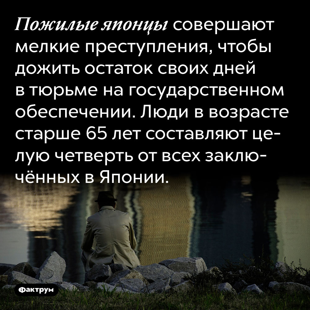 Пожилые японцы совершают мелкие преступления, чтобы дожить остаток своих дней в тюрьме на государственном обеспечении. Люди в возрасте старше 65 лет составляют целую четверть от всех заключённых в Японии.