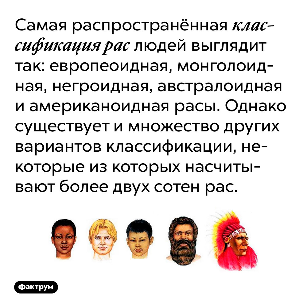 Самая распространённая классификация рас людей выглядит так: европеоидная, монголоидная, негроидная, австралоидная и американоидная расы. Однако существует и множество других вариантов классификации, некоторые из которых насчитывают более двух сотен рас.