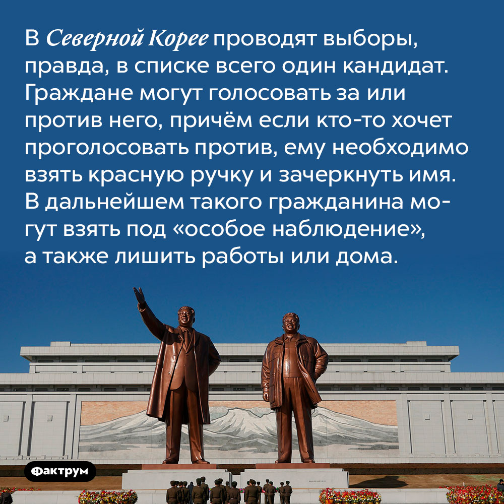 В Северной Корее проводят выборы, правда, в списке всего один кандидат. Граждане могут голосовать за или против него, причём если кто-то хочет проголосовать против, ему необходимо взять красную ручку и зачеркнуть имя. В дальнейшем такого гражданина могут взять под «особое наблюдение», а также лишить работы или дома.