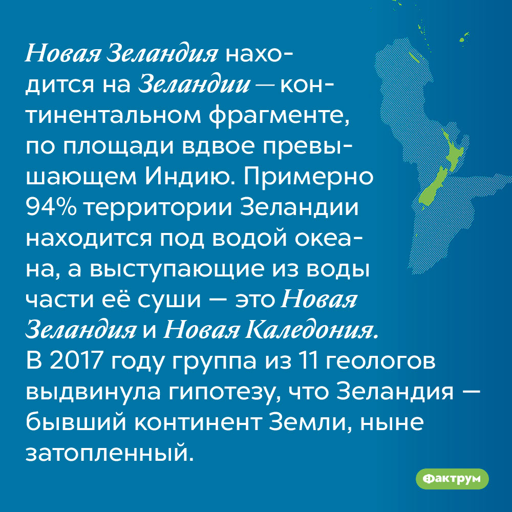 Новая Зеландия находится на Зеландии — континентальном фрагменте, по площади вдвое превышающем Индию. Примерно 94% территории Зеландии находится под водой океана, а выступающие из воды части её суши — это Новая Зеландия и Новая Каледония. В 2017 году группа из 11 геологов выдвинула гипотезу, что Зеландия — бывший континент Земли, ныне затопленный.