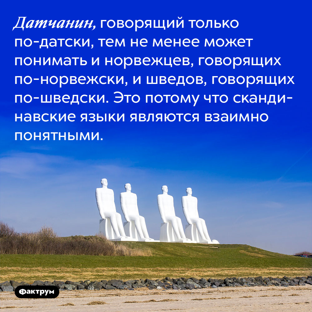 Датчанин, говорящий только по-датски, тем не менее может понимать и норвежцев, говорящих по-норвежски, и шведов, говорящих по-шведски. Это потому что скандинавские языки являются взаимно понятными.