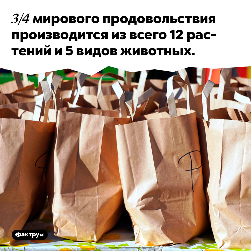 3/4 мирового продовольствия производится из всего 12 растений и 5 видов животных.