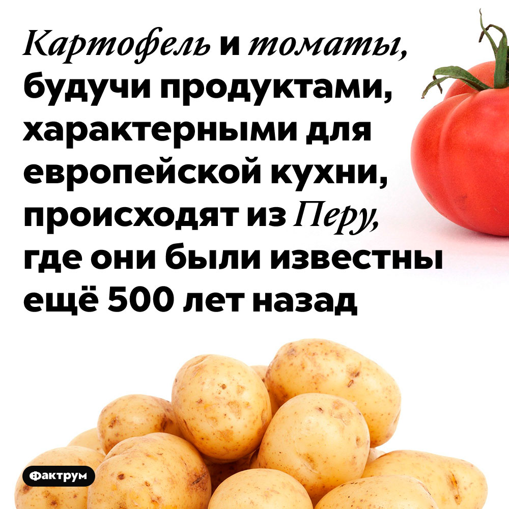 Картофель и томаты, будучи продуктами, характерными для европейской кухни, происходят из Перу, где они были известны ещё 500 лет назад.