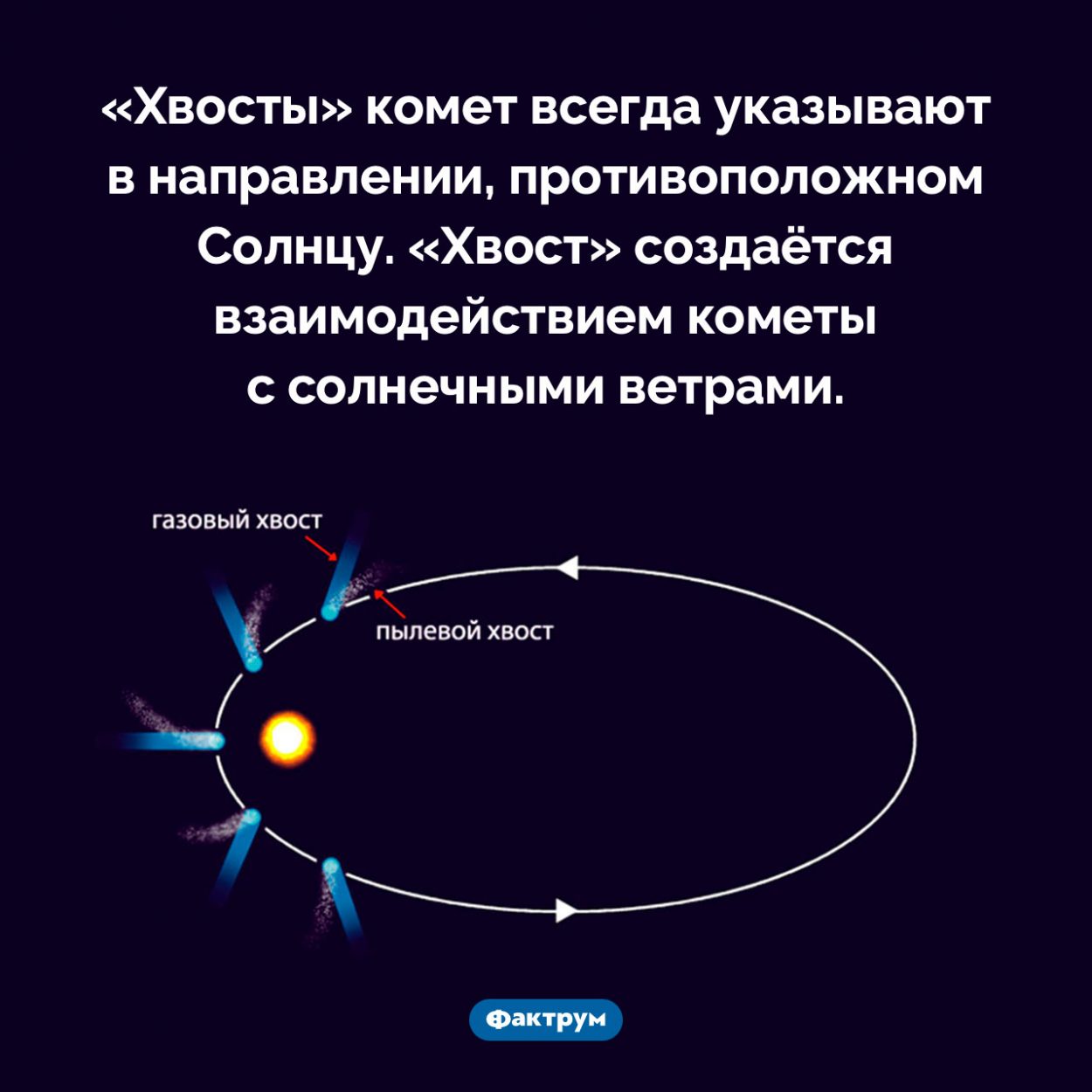 Куда указывают «хвосты» комет. «Хвосты» комет всегда указывают в направлении, противоположном Солнцу. «Хвост» создаётся взаимодействием кометы с солнечными ветрами.