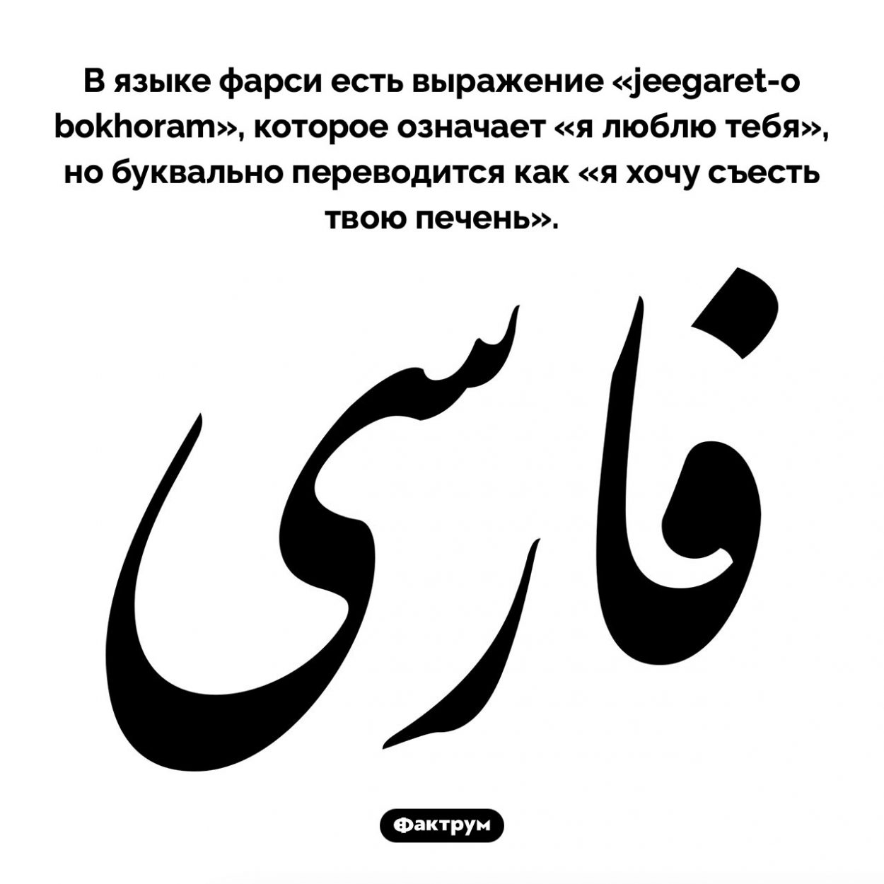 «Я хочу съесть твою печень». В языке фарси есть выражение «jeegaret-o bokhoram», которое означает «я люблю тебя», но буквально переводится как «я хочу съесть твою печень».