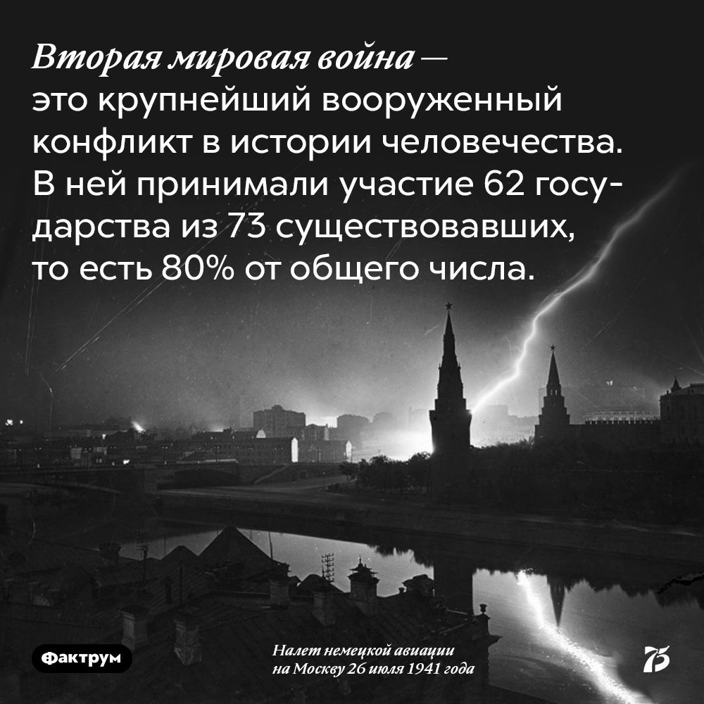 Вторая мировая война — это крупнейший вооруженный конфликт в истории человечества. В ней принимали участие 62 государства из 73 существовавших, то есть 80% от общего числа.