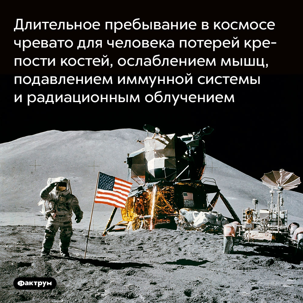 Длительное пребывание в космосе чревато для человека потерей крепости костей. ...а также ослаблением мышц, подавлением иммунной системы и радиационным облучением.
