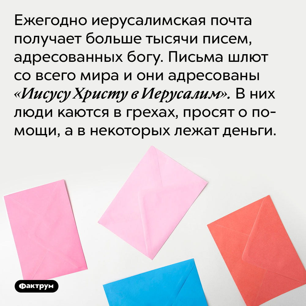 Ежегодно иерусалимская почта получает больше тысячи писем, адресованных Богу. Письма шлют со всего мира и они адресованы «Иисусу Христу в Иерусалим». В них люди каются в грехах, просят о помощи, а в некоторых лежат деньги.