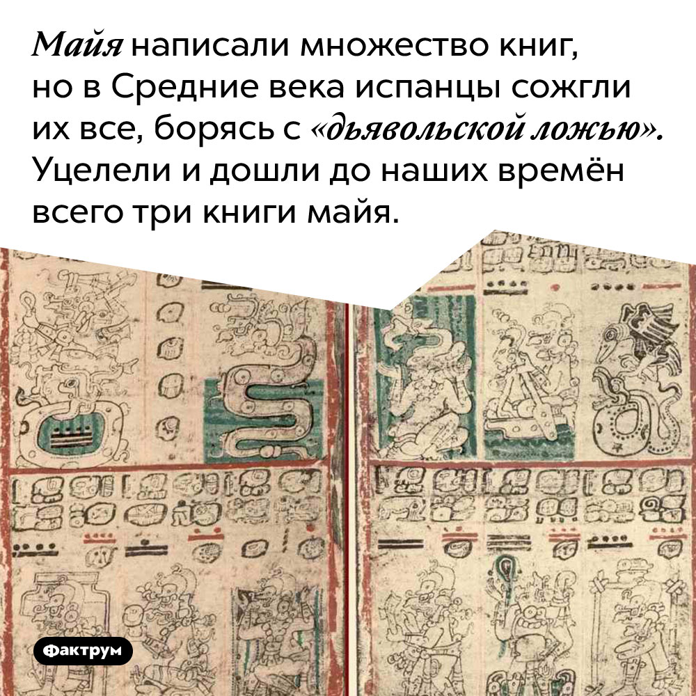 Майя написали множество книг, но в Средние века испанцы сожгли их все, борясь с «дьявольской ложью». Уцелели и дошли до наших времён всего три книги майя.