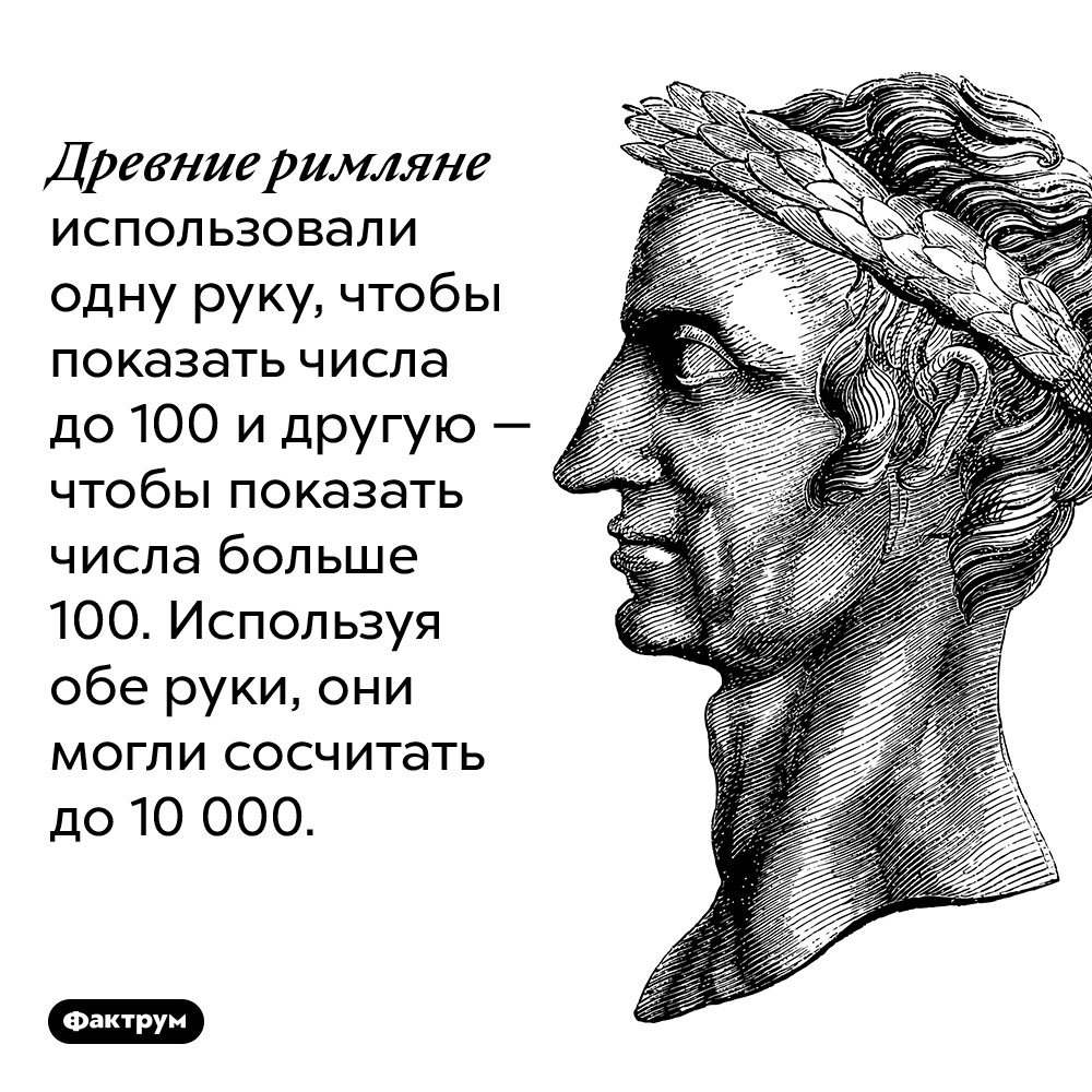 Древние римляне использовали одну руку, чтобы показать числа до 100 и другую — чтобы показать числа больше 100. Используя обе руки, они могли сосчитать до 10 000.