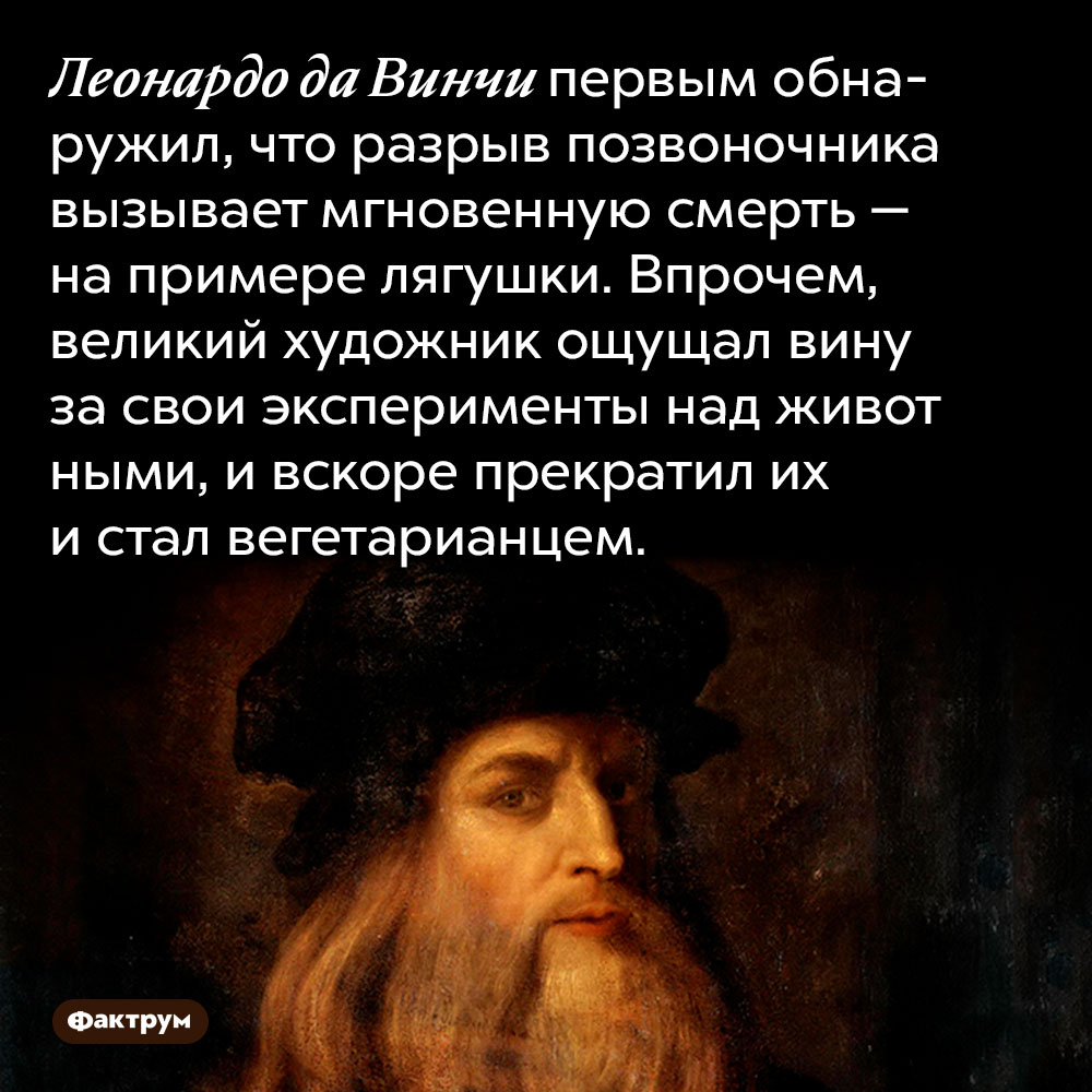 Леонардо да Винчи первым обнаружил, что разрыв позвоночника вызывает мгновенную смерть — на примере лягушки. В прочем, великий художник ощущал вину за свои эксперименты над животными, и вскоре прекратил их и стал вегетарианцем.