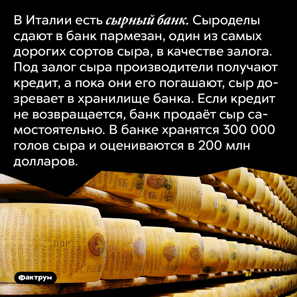 В Италии есть сырный банк. Сыроделы сдают в банк пармезан, один из самых дорогих сортов сыра, в качестве залога. Под залог сыра производители получают кредит, а пока они его погашают, сыр дозревает в хранилище банка. Если кредит не возвращается, банк продаёт сыр самостоятельно. В банке хранятся 300 000 голов сыра и оцениваются в 200 млн долларов.