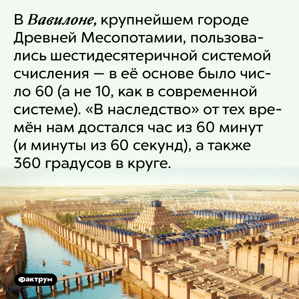 В Вавилоне, крупнейшем городе Древней Месопотамии, пользовались шестидесятеричной системой счисления — в её основе было число 60 (а не 10, как в современной системе). «В наследство» от тех времён нам достался час из 60 минут (и минуты из 60 секунд), а также 360 градусов в круге.