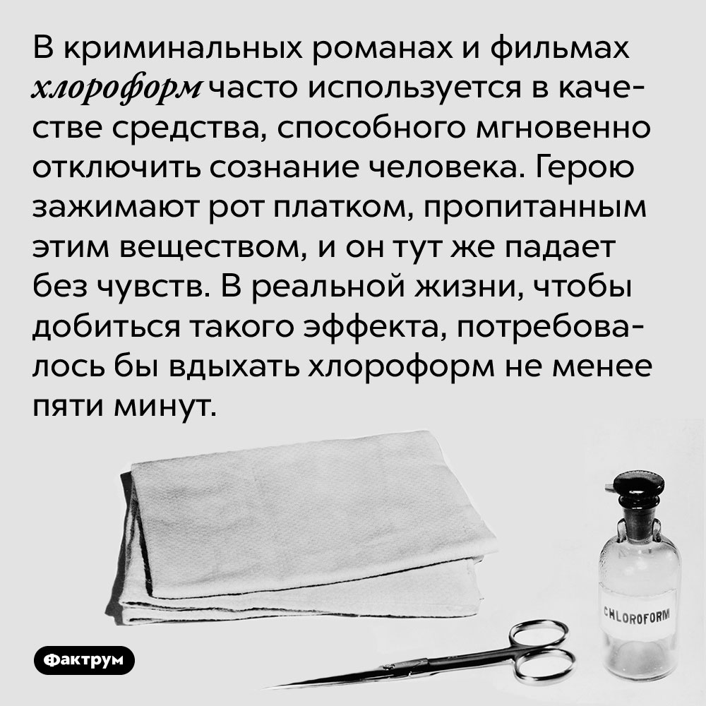В криминальных романах и фильмах хлороформ часто используется в качестве средства, способного мгновенно отключить сознание человека. Герою зажимают рот платком, пропитанным этим веществом, и он тут же падает без чувств. В реальной жизни, чтобы добиться такого эффекта, потребовалось бы вдыхать хлороформ не менее пяти минут.