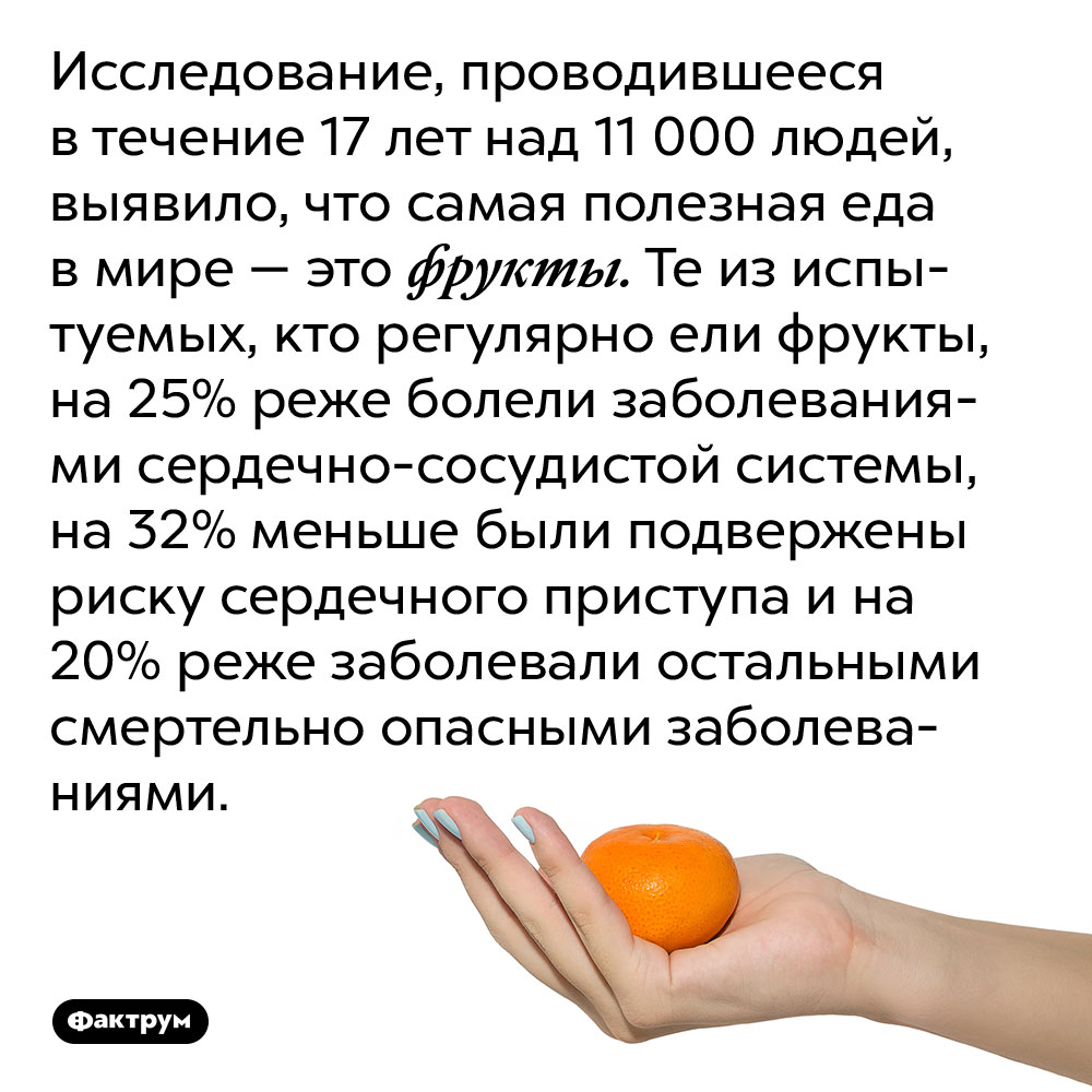 Исследование, проводившееся в течение 17 лет над 11 000 людей, выявило, что самая полезная еда в мире — это фрукты. Те из испытуемых, кто регулярно ели фрукты, на 25% реже болели заболеваниями сердечно-сосудистой системы, на 32% меньше были подвержены риску сердечного приступа и на 20% реже заболевали остальными смертельно опасными заболеваниями.
