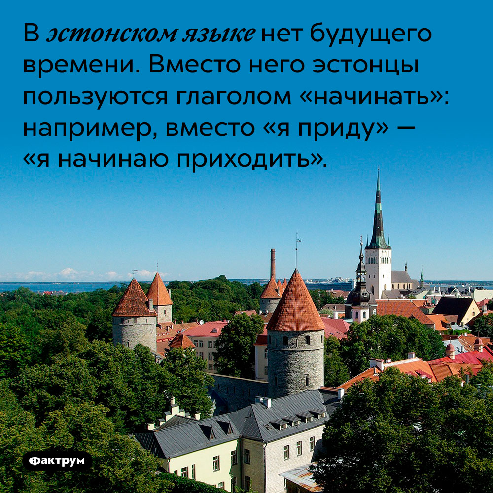 В эстонском языке нет будущего времени. Вместо него эстонцы пользуются глаголом «начинать»: например, вместо «я приду» — «я начинаю приходить».