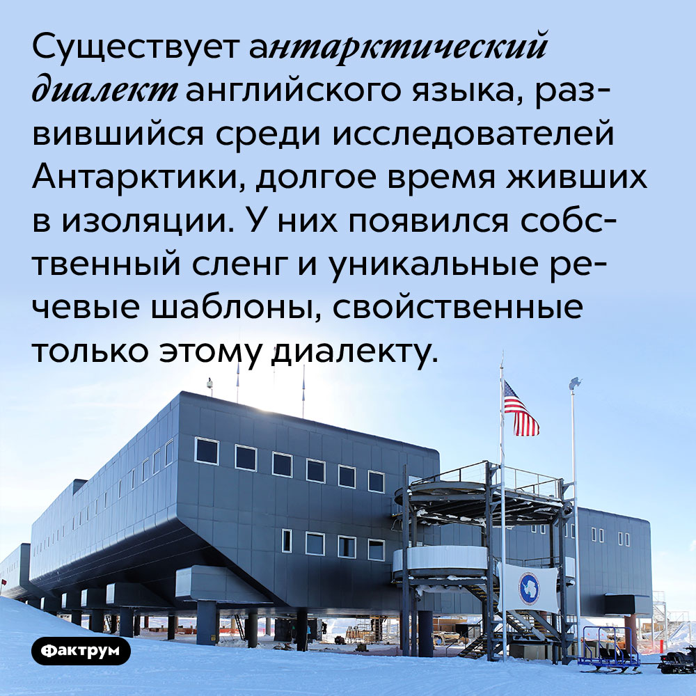 Существует антарктический диалект английского языка, развившийся среди исследователей Антарктики, долгое время живших в изоляции. У них появился собственный сленг и уникальные речевые шаблоны, свойственные только этому диалекту.
