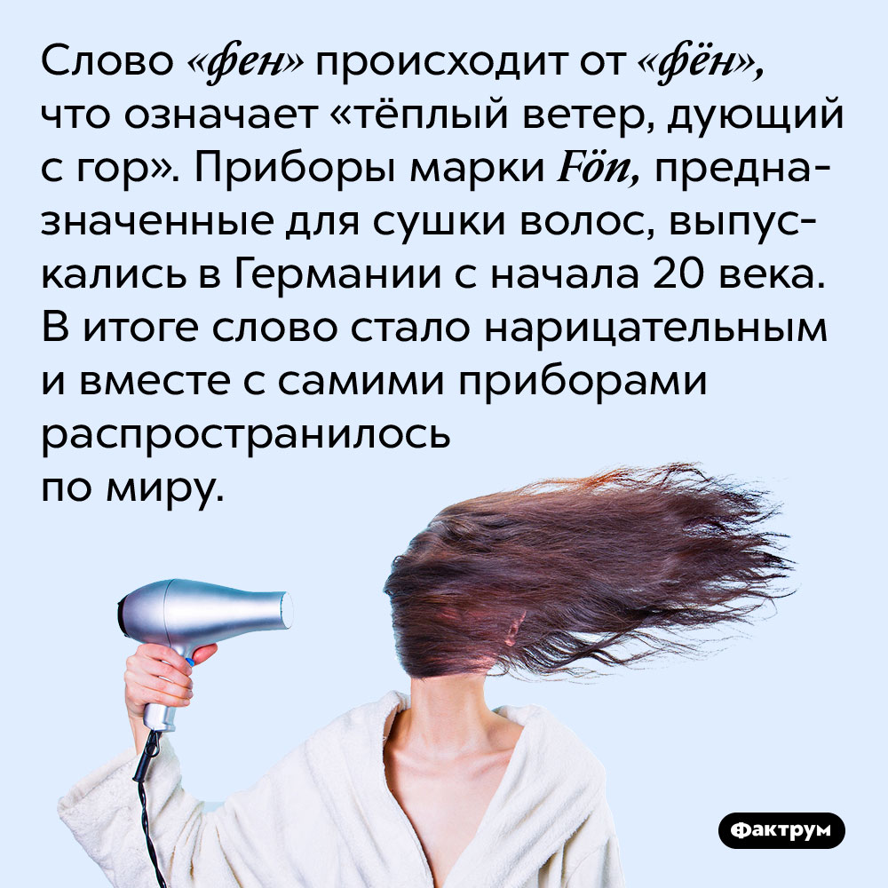 Слово «фен» происходит от «фён», что означает «тёплый ветер, дующий с гор». Приборы марки Fön, предназначенные для сушки волос, выпускались в Германии с начала 20 века. В итоге слово стало нарицательным и вместе с самими приборами распространилось по миру.