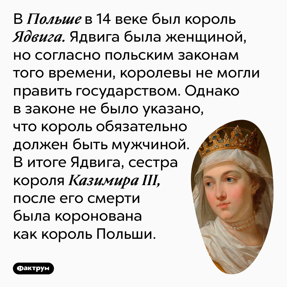 В Польше в 14 веке был король Ядвига. Ядвига была женщиной, но согласно польским законам того времени, королевы не могли править государством. Однако в законе не было указано, что король обязательно должен быть мужчиной. В итоге Ядвига, сестра короля Казимира III, после его смерти была коронована как король Польши.