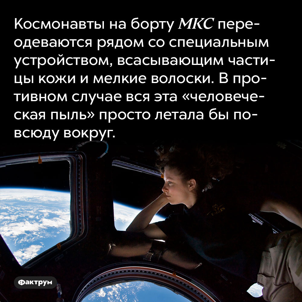 Космонавты на борту МКС переодеваются рядом со специальным устройством, всасывающим частицы кожи и мелкие волоски.  В противном случае вся эта «человеческая пыль» просто летала бы повсюду вокруг.
