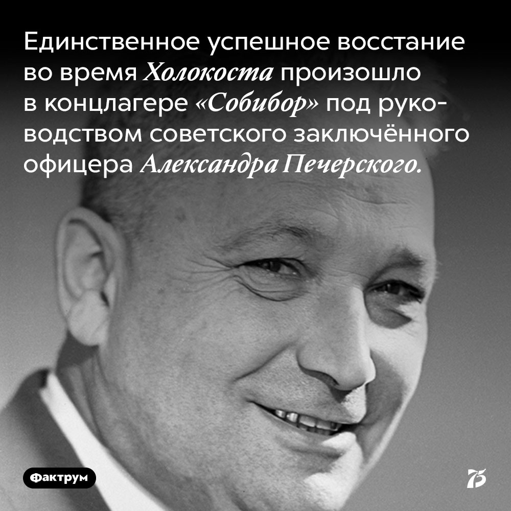 Единственное успешное восстание во время Холокоста произошло в концлагере «Собибор» под руководством советского заключённого офицера Александра Печерского.