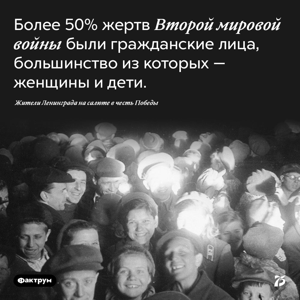 Более 50% жертв Второй мировой войны были гражданские лица, большинство из которых — женщины и дети. 