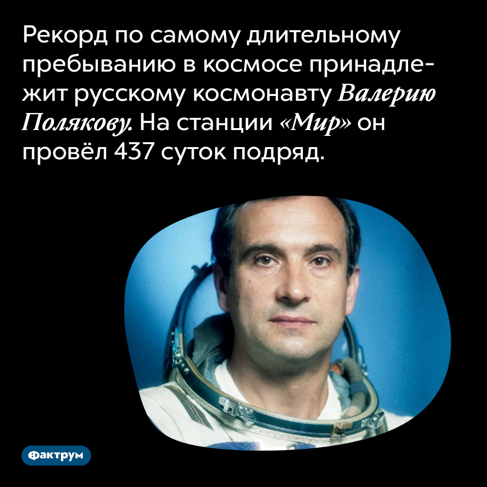 Рекорд по самому длительному пребыванию в космосе принадлежит русскому космонавту Валерию Полякову. На станции «Мир» он провёл 437 суток подряд.