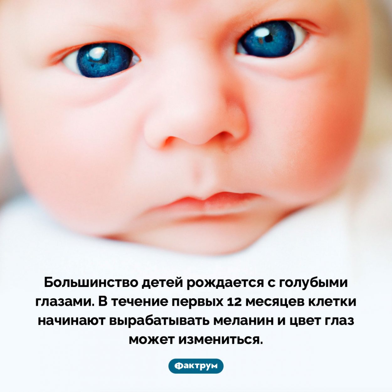 Большинство детей рождается с голубыми глазами. Большинство детей рождается с голубыми глазами. В течение первых 12 месяцев клетки начинают вырабатывать меланин и цвет глаз может измениться.