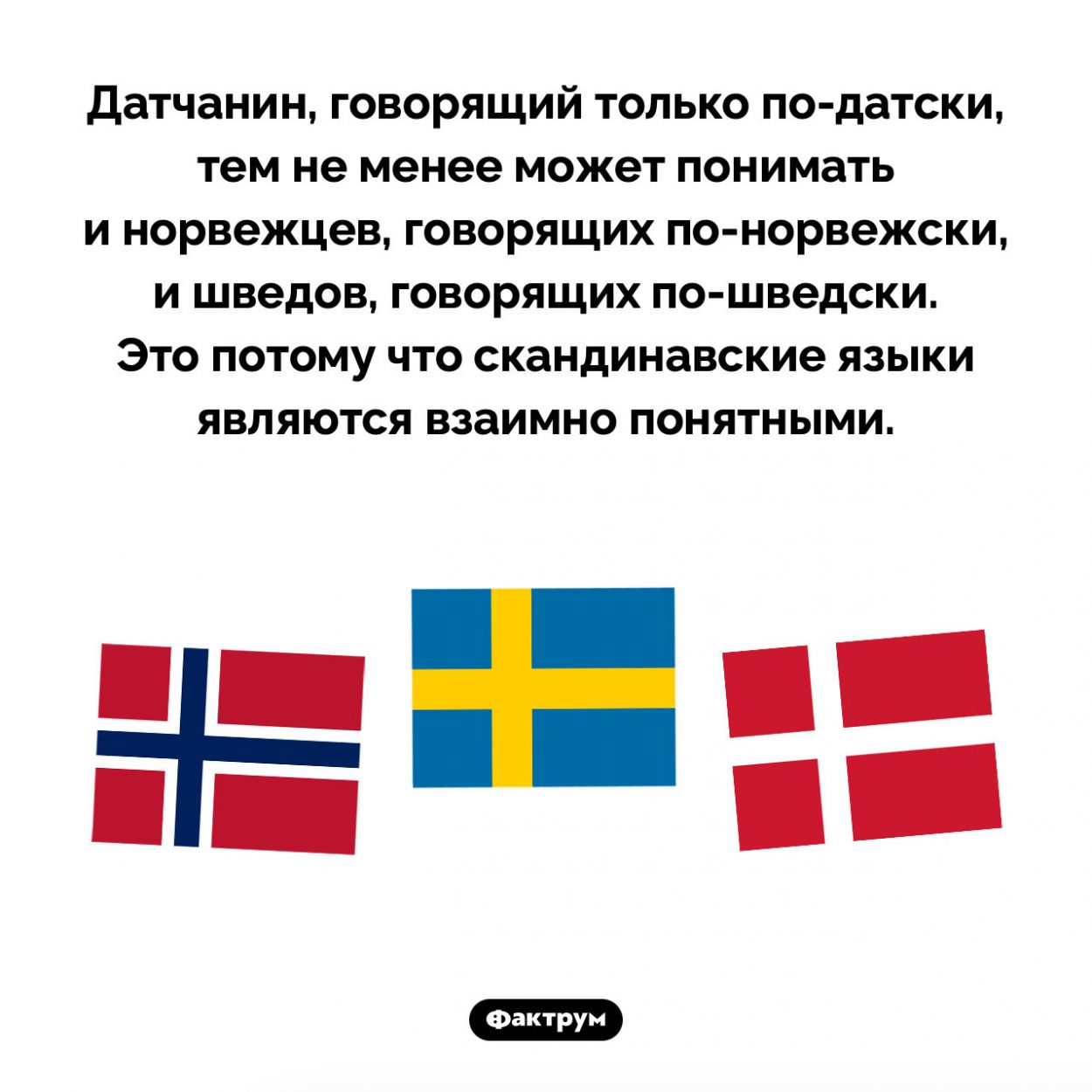 Датчанине понимают норвежцев и наоборот. Датчанин, говорящий только <nobr>по-датски</nobr>, тем не менее может понимать и норвежцев, говорящих <nobr>по-норвежски</nobr>, и шведов, говорящих <nobr>по-шведски</nobr>. Это потому что скандинавские языки являются взаимно понятными.