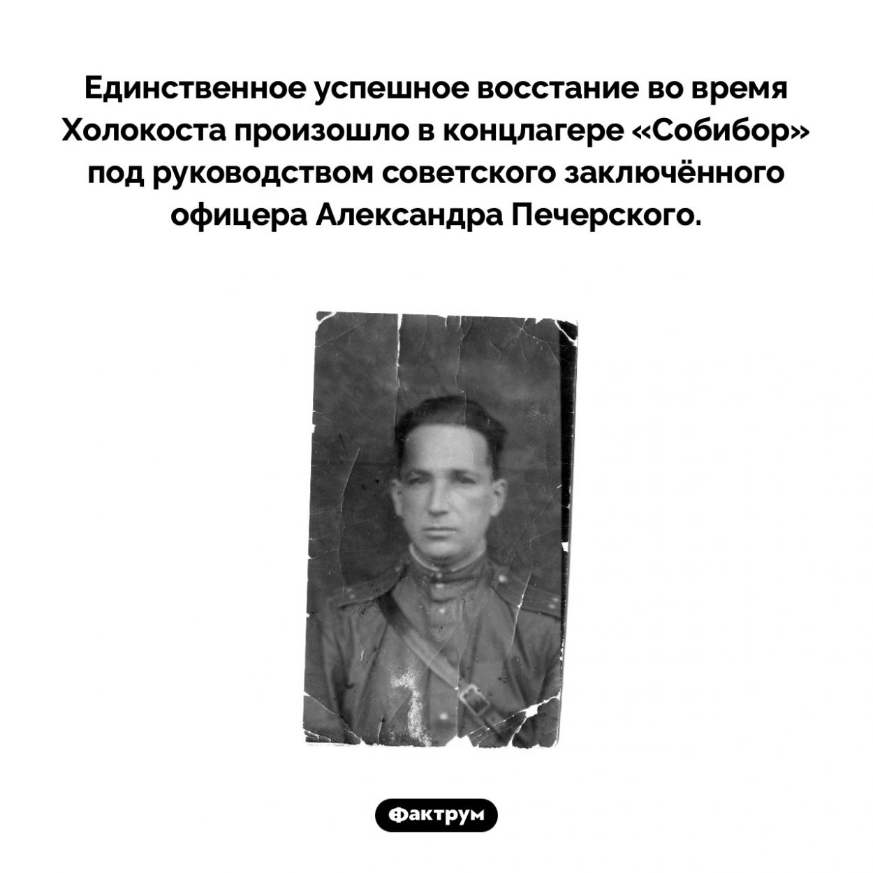 Единственное успешное восстание во время Холокоста. Единственное успешное восстание во время Холокоста произошло в концлагере «Собибор» под руководством советского заключённого офицера Александра Печерского.