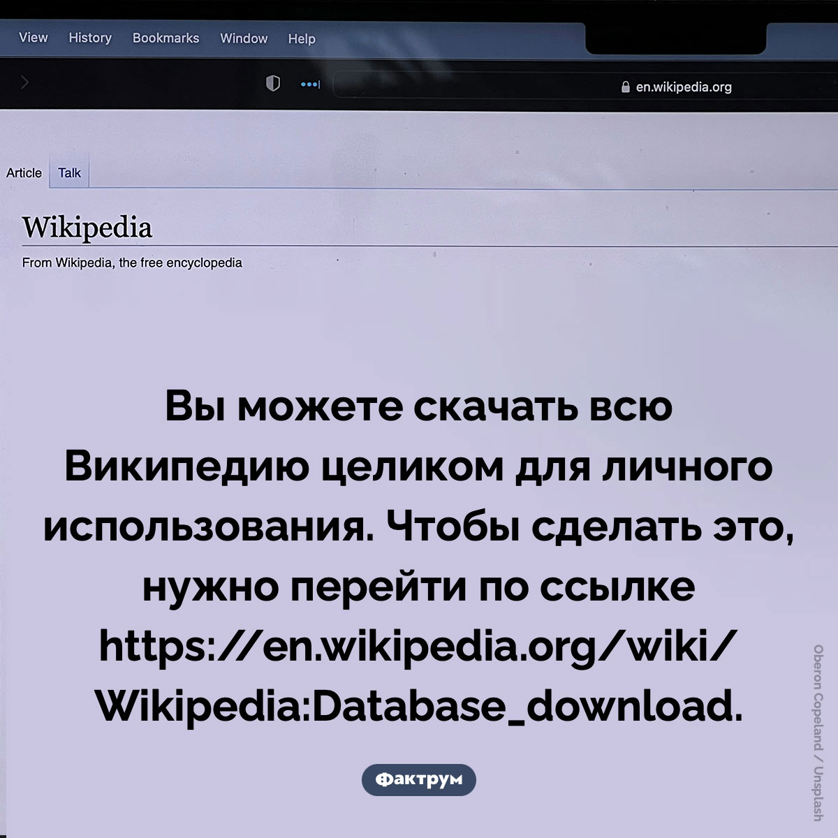 Как скачать Википедию. Вы можете скачать всю Википедию целиком для личного использования. Чтобы сделать это, нужно перейти по ссылке https://en.wikipedia.org/wiki/Wikipedia:Database_download.