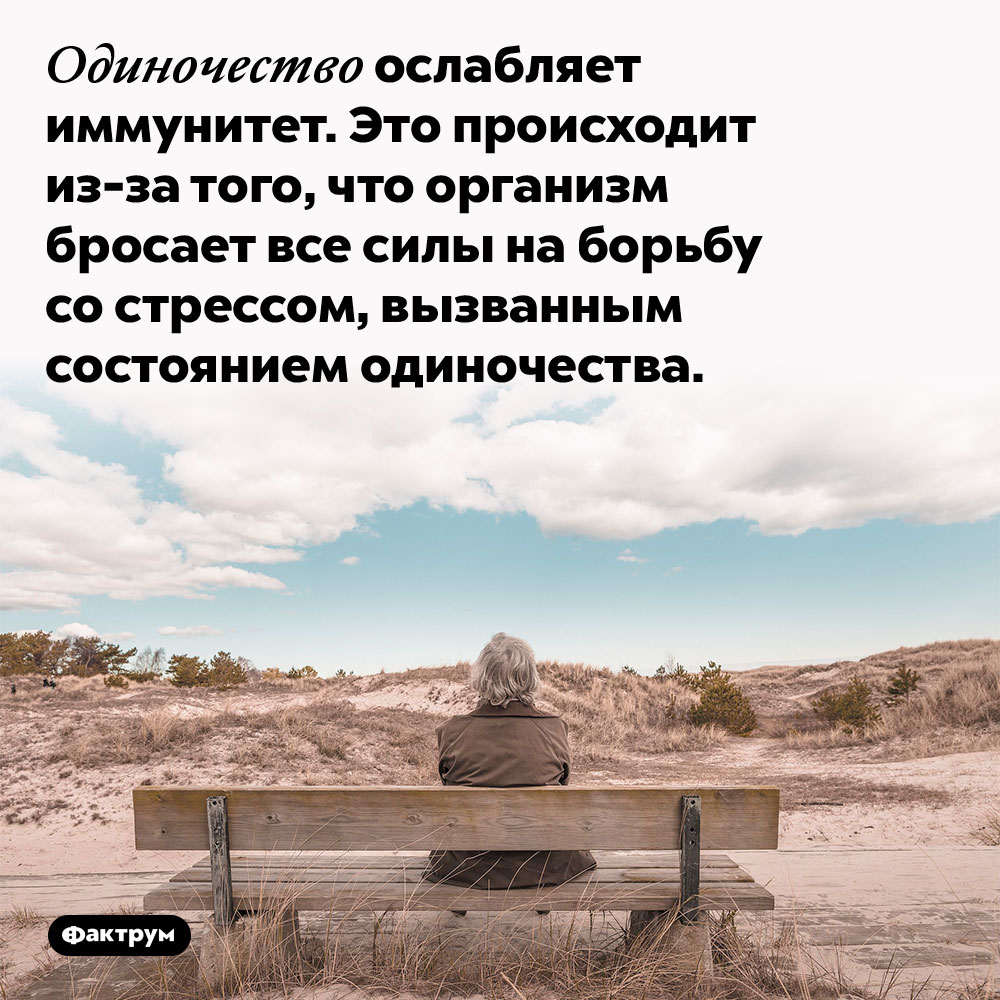 Одиночество ослабляет иммунитет. Это происходит из-за того, что организм бросает все силы на борьбу со стрессом, вызванным состоянием одиночества.