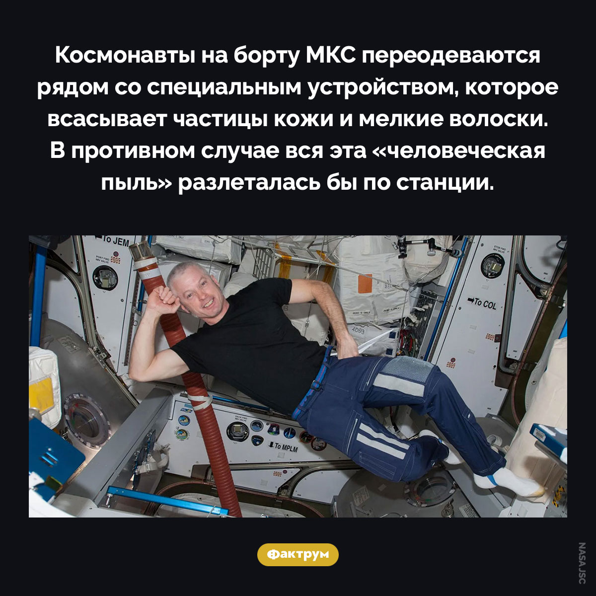 На МКС пыль не оседает как на Земле. Космонавты на борту МКС переодеваются рядом со специальным устройством, которое всасывает частицы кожи и мелкие волоски. В противном случае вся эта «человеческая пыль» разлеталась бы по станции.