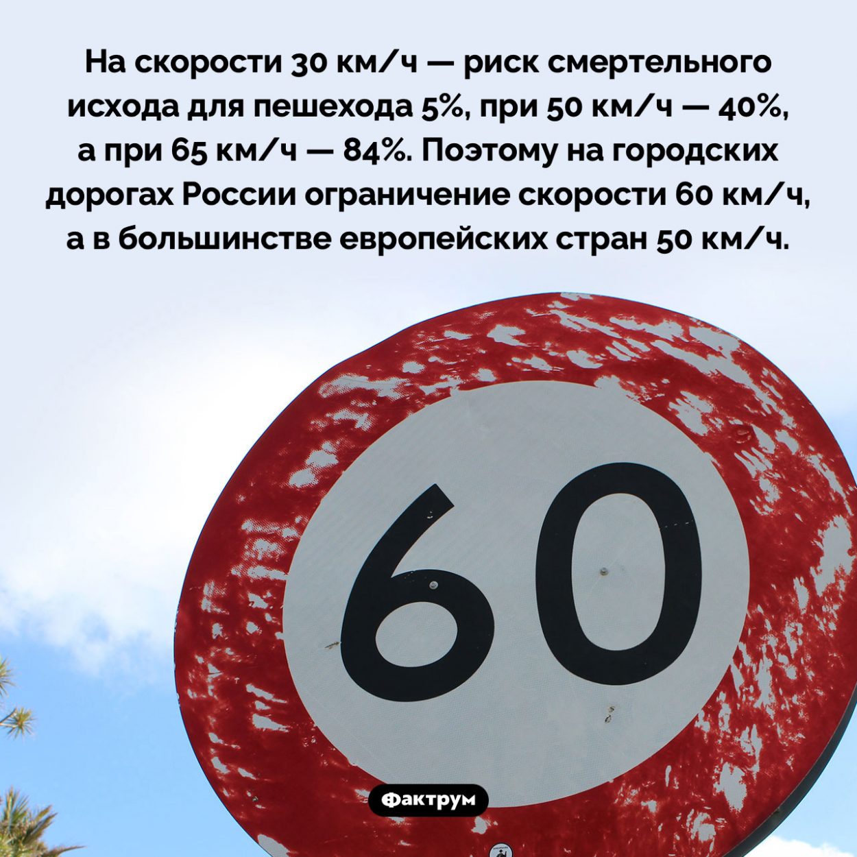Ограничение скорости в городе. На скорости 30 км/ч — риск смертельного исхода для пешехода 5%, при 50 км/ч — 40%, а при 65 км/ч — 84%. Поэтому на городских дорогах России ограничение скорости 60 км/ч, а в большинстве европейских стран 50 км/ч.