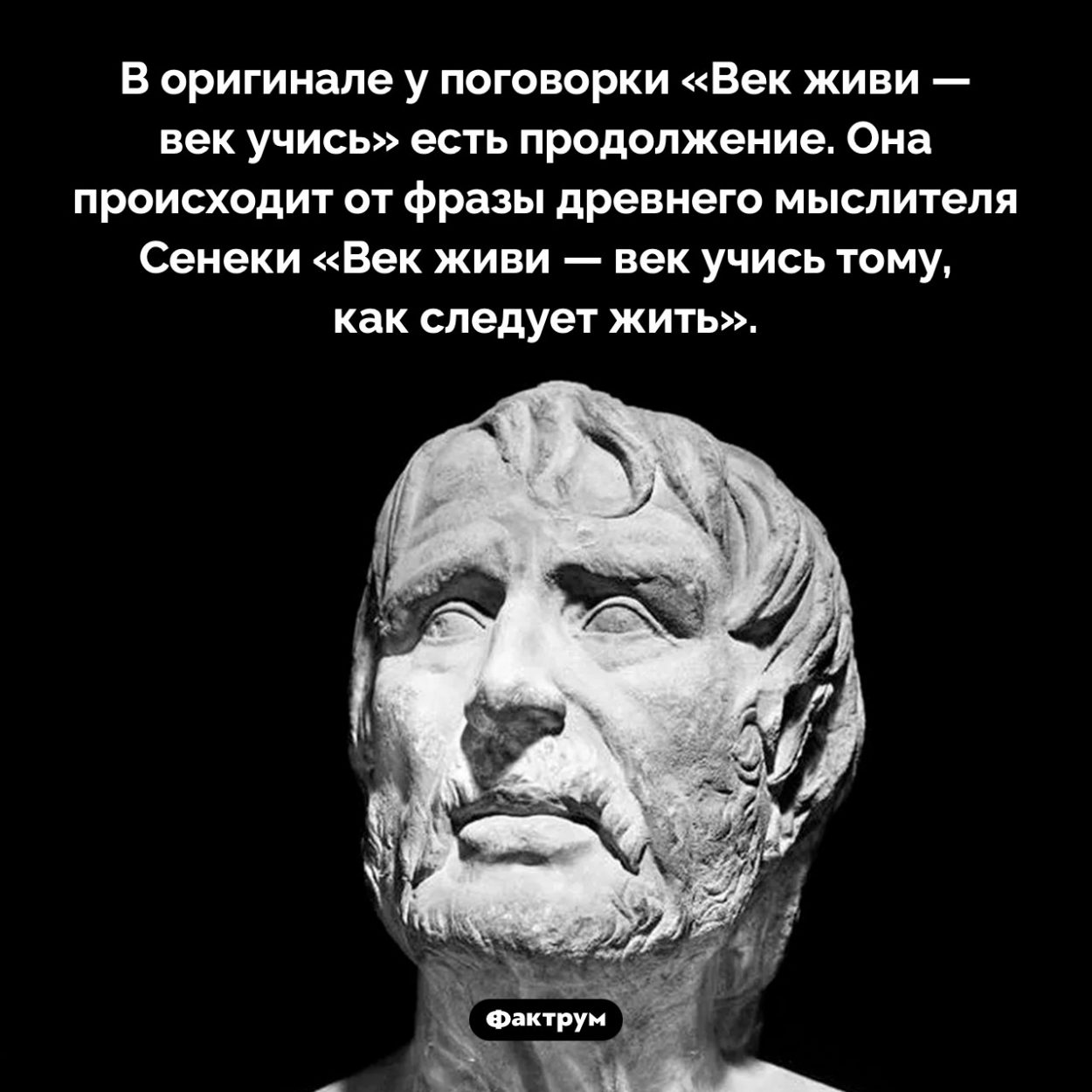 Оригинал поговорки «Век живи — век учись». В оригинале у поговорки «Век живи — век учись» есть продолжение. Она происходит от фразы древнего мыслителя Сенеки «Век живи — век учись тому, как следует жить».