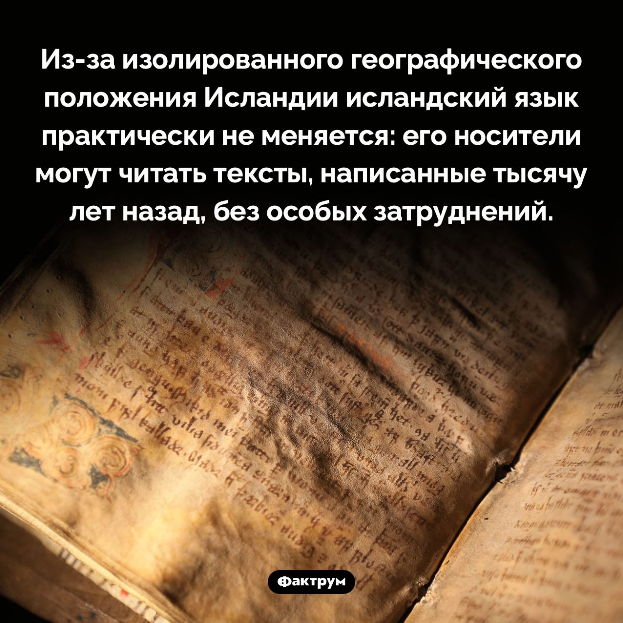 Особенность исландского языка. Из-за изолированного географического положения Исландии исландский язык практически не меняется: его носители могут читать тексты, написанные тысячу лет назад, без особых затруднений.