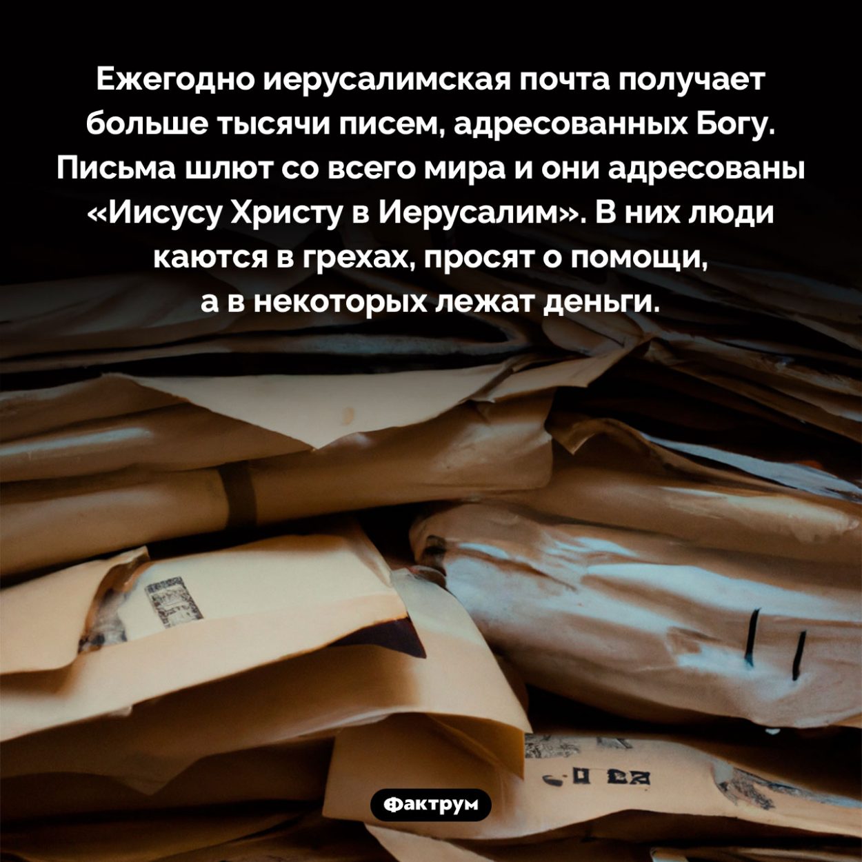 Письма Богу. Ежегодно иерусалимская почта получает больше тысячи писем, адресованных Богу. Письма шлют со всего мира и они адресованы «Иисусу Христу в Иерусалим». В них люди каются в грехах, просят о помощи, а в некоторых лежат деньги.