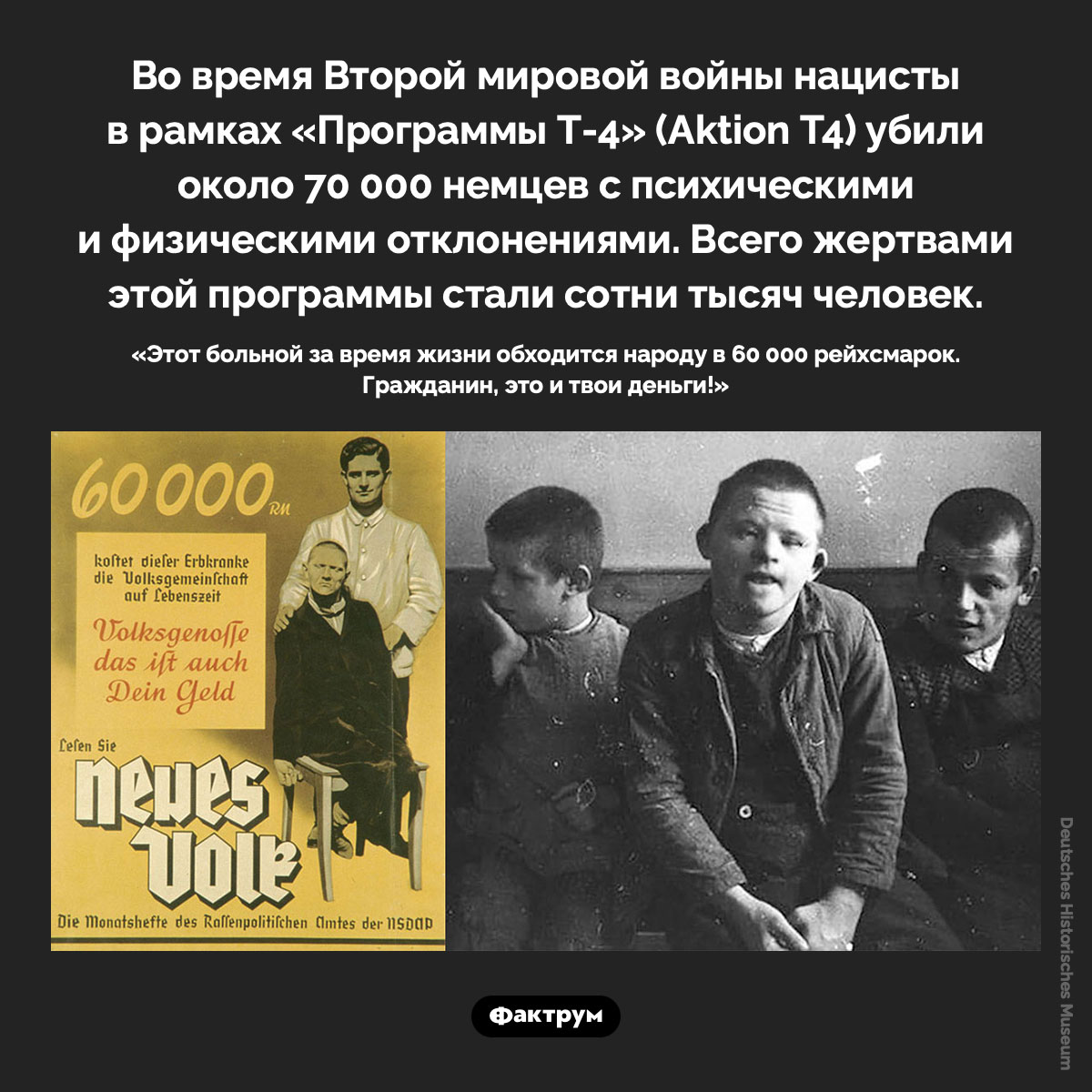 Программа Т-4. Во время Второй мировой войны нацисты в рамках «Программы Т-4» (Aktion T4) убили около 70 000 немцев с психическими и физическими отклонениями. Всего жертвами этой программы стали сотни тысяч человек.