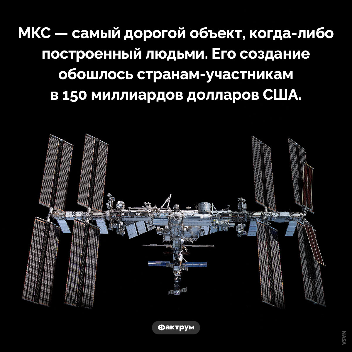 Самый дорогой объект, когда-либо построенный людьми. МКС — самый дорогой объект, когда-либо построенный людьми. Его создание обошлось странам-участникам в 150 миллиардов долларов США.