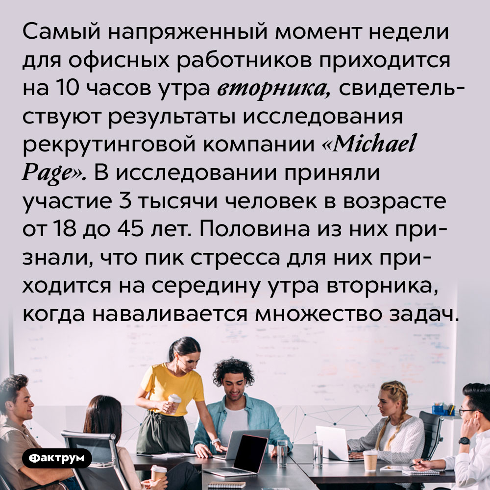 Самый напряженный момент недели для офисных работников приходится на 10 часов утра вторника. Об этом свидетельствуют результаты исследования рекрутинговой компании «Michael Page». В исследовании приняли участие 3 тысячи человек в возрасте от 18 до 45 лет. Половина из них признали, что пик стресса для них приходится на середину утра вторника, когда наваливается множество задач.