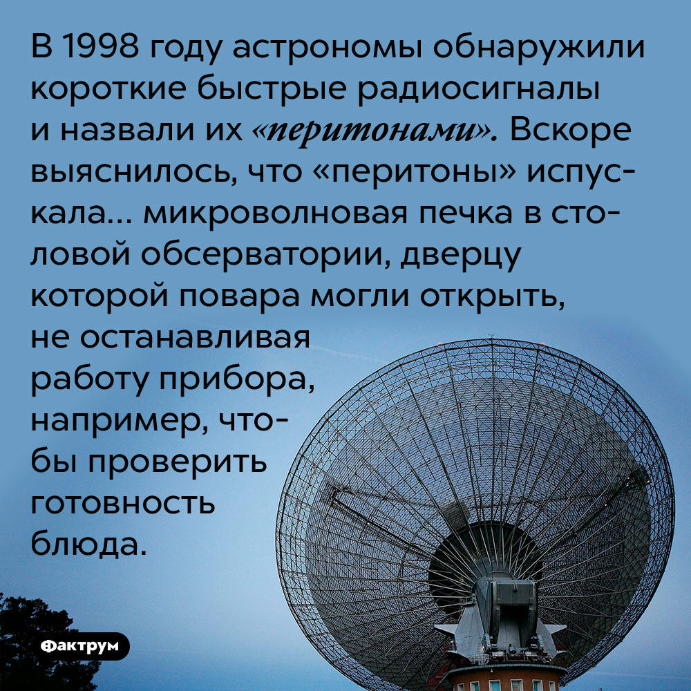 В 1998 году астрономы обнаружили короткие быстрые радиосигналы и назвали их «перитонами». Вскоре выяснилось, что «перитоны» испускала… микроволновая печка в столовой обсерватории, дверцу которой повара могли открыть, не останавливая работу прибора, например, чтобы проверить готовность блюда.