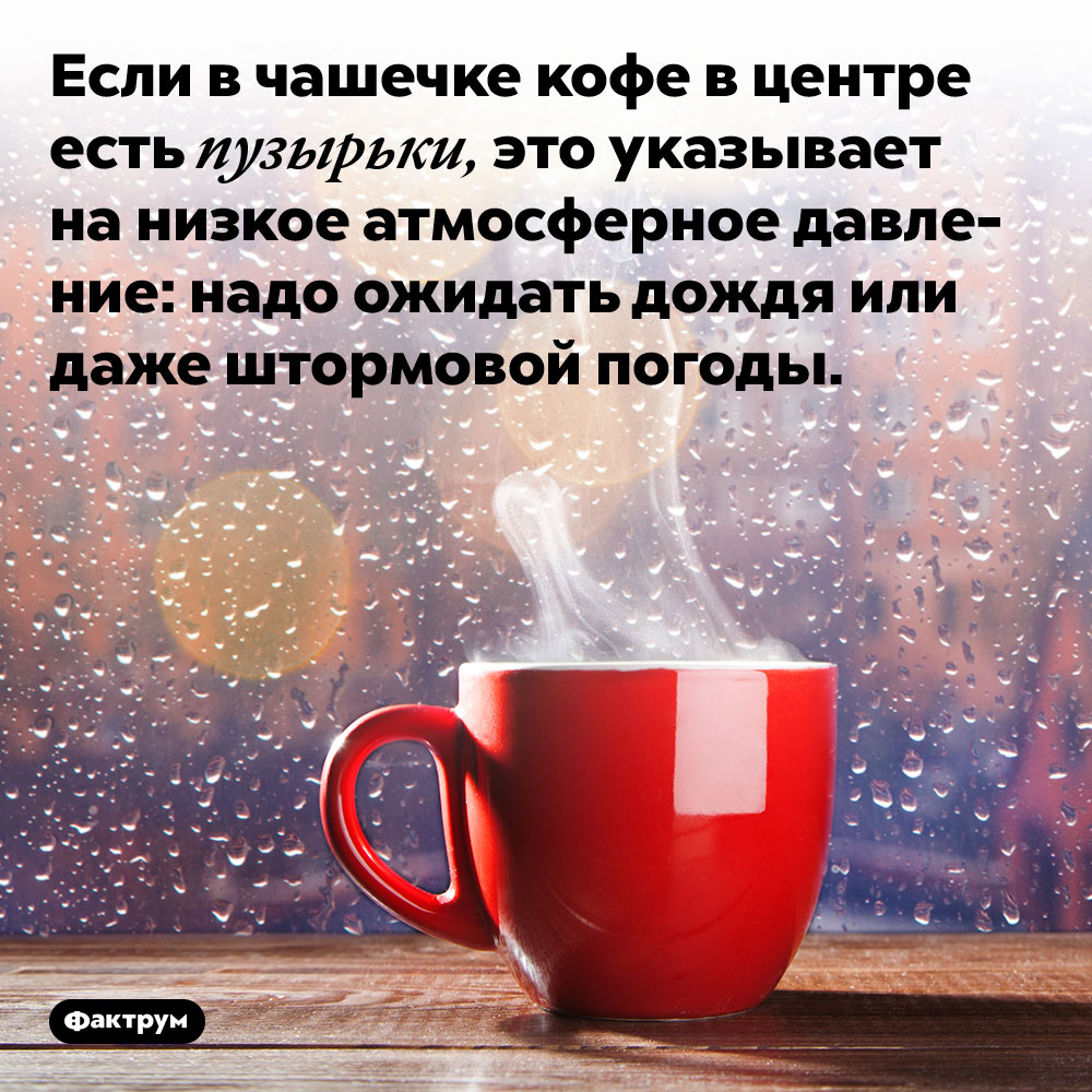 Как узнать прогноз погоды по кофе. Если в чашечке кофе в центре есть пузырьки, это указывает на низкое атмосферное давление: надо ожидать дождя или даже штормовой погоды.