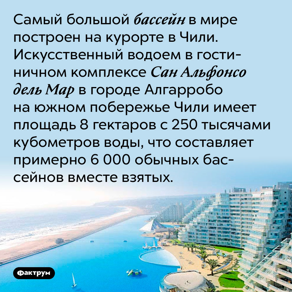 Самый большой бассейн в мире построен на курорте в Чили. Искусственный водоем в гостиничном комплексе Сан Альфонсо дел Мар в городе Алгарробо на южном побережье Чили имеет площадь 8 гектаров с 250 тысячами кубометров воды, что составляет примерно 6 000 обычных бассейнов вместе взятых.