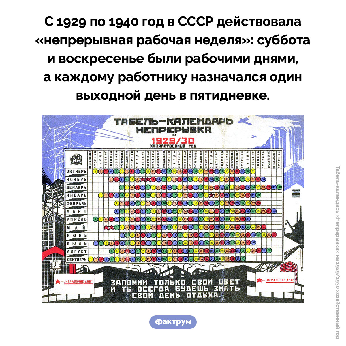 «Непрерывная рабочая неделя» в СССР. С 1929 по 1940 год в СССР действовала «непрерывная рабочая неделя»: суббота и воскресенье были рабочими днями, а каждому работнику назначался один выходной день в пятидневке.