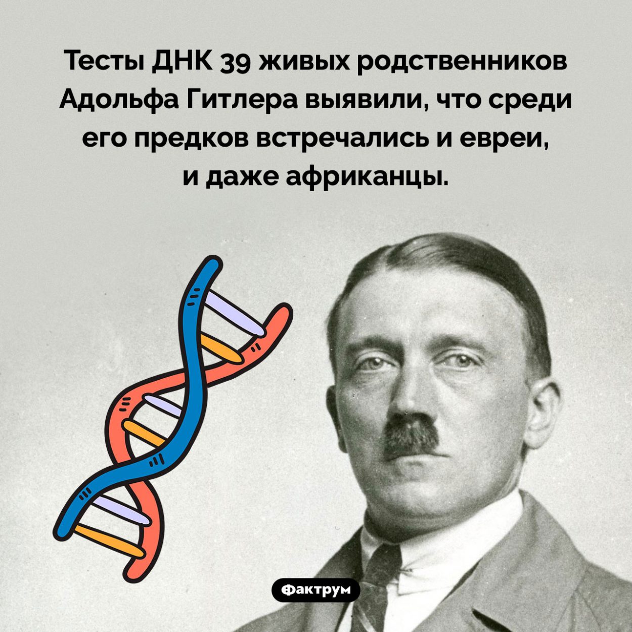 Предки Адольфа Гитлера. Тесты ДНК 39 живых родственников Адольфа Гитлера выявили, что среди его предков встречались и евреи, и даже африканцы.