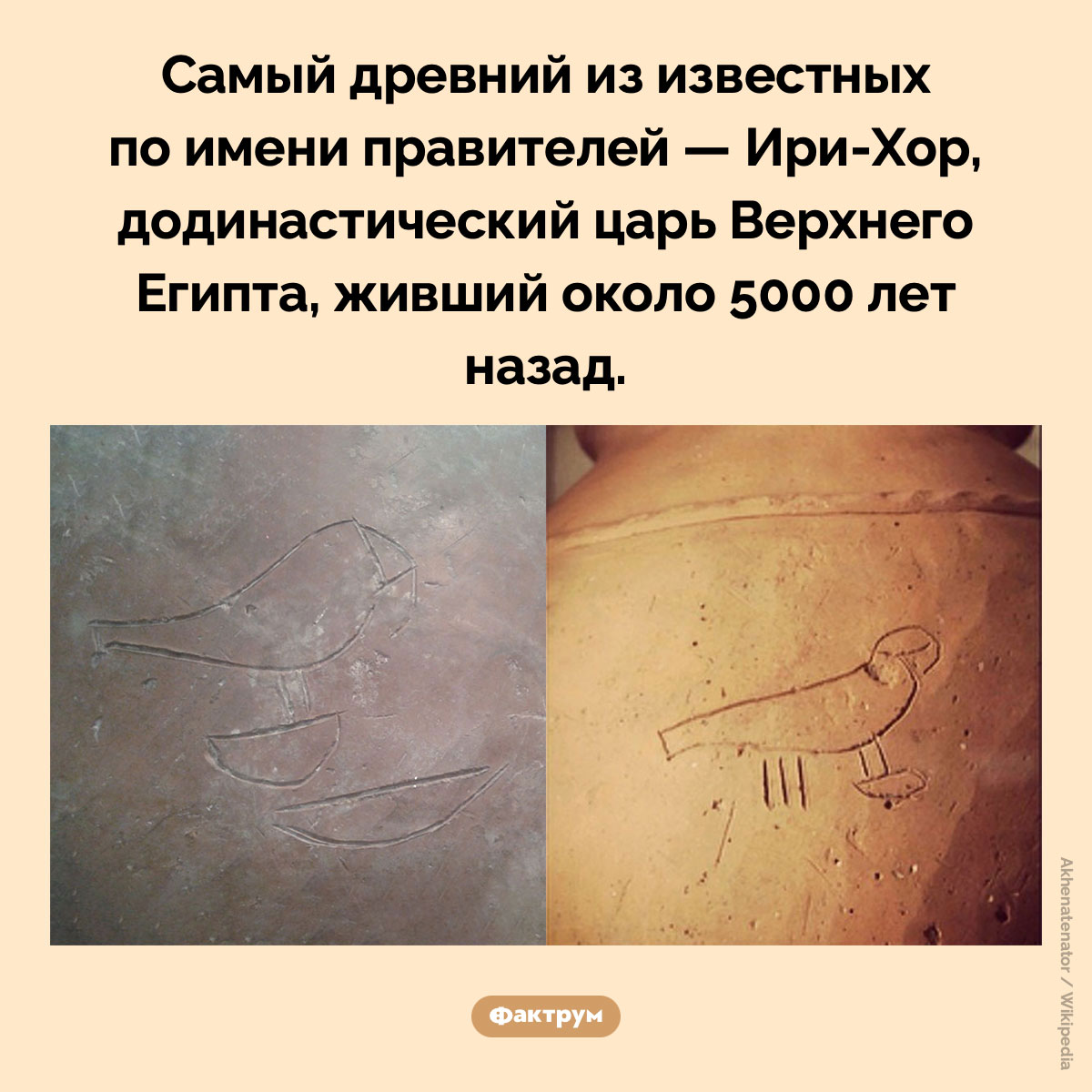 Самый древний правитель, известный по имени. Самый древний из известных по имени правителей — Ири-Хор, додинастический царь Верхнего Египта, живший около 5000 лет назад.