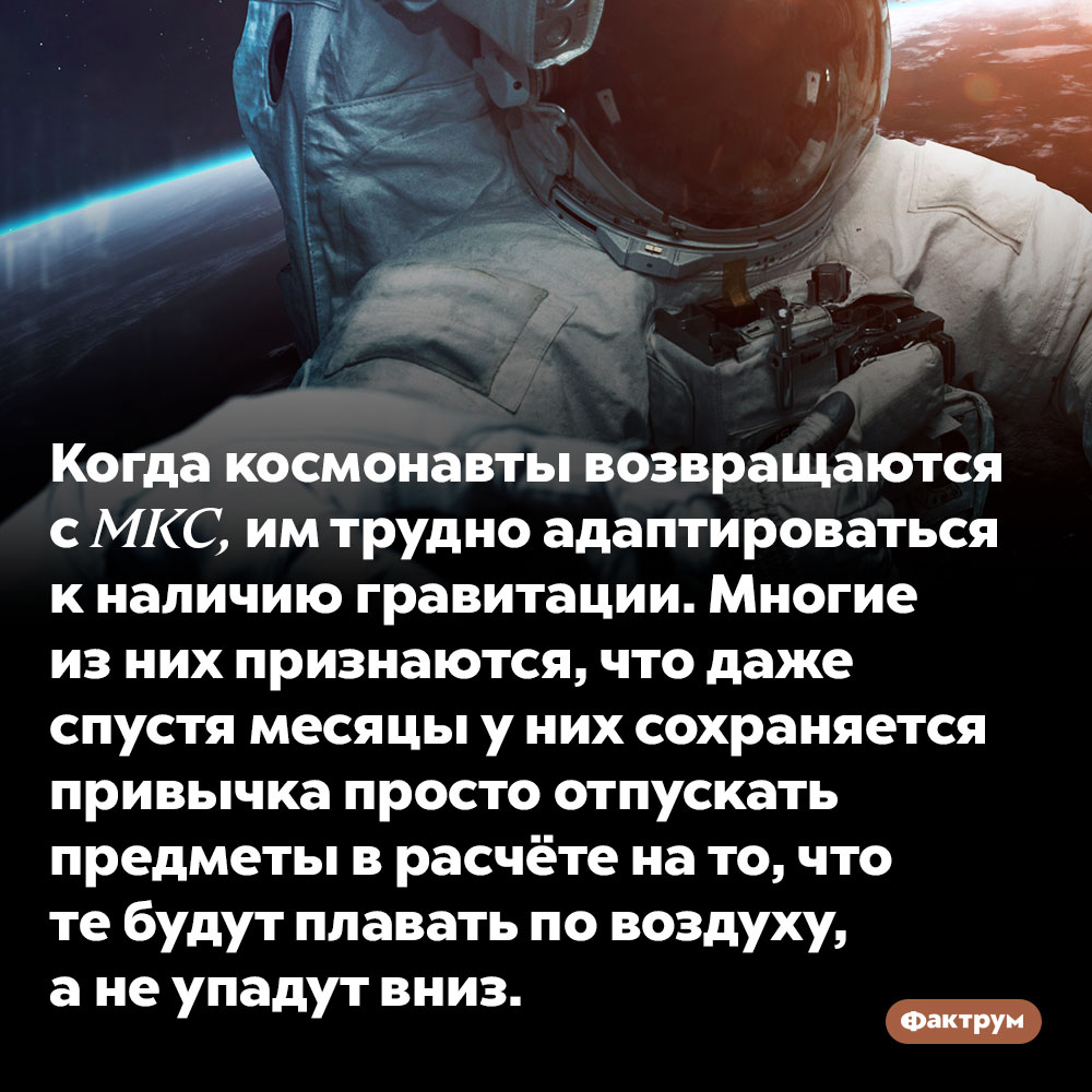 Космонавтам сложно привыкнуть к гравитации. Когда космонавты возвращаются с МКС, им трудно адаптироваться к наличию гравитации. Многие из них признаются, что даже спустя месяцы у них сохраняется привычка просто отпускать предметы в расчёте на то, что те будут плавать по воздуху, а не упадут вниз.