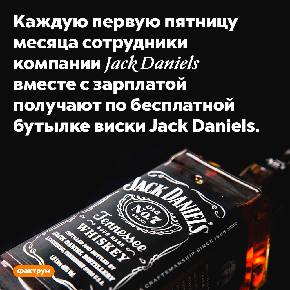 Бесплатная бутылка виски Jack Daniels. Каждую первую пятницу месяца сотрудники компании Jack Daniels вместе с зарплатой получают по бесплатной бутылке виски Jack Daniels.